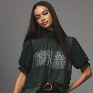 By Anthropologie Shirt Womens Small Green High Neck Lace Swing Mock Neck